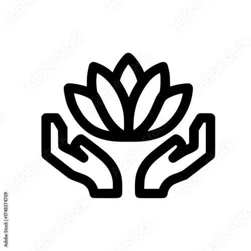 Lotus flower icon above two open hands symbolizing purity peace and spiritual awakening