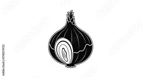Black and White Onion Illustration: Vegetable, Cooking Ingredient, Healthy Food, Culinary Art, Cut Onion, Graphic Design, Vector Element, Minimalist Style