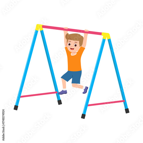 Vector cartoon illustration of boy hanging on monkey bar, Illustration of cute kindergarten 