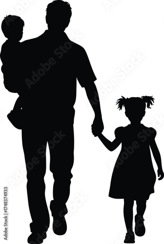 Father walking with daughter and baby family silhouette on transparent background