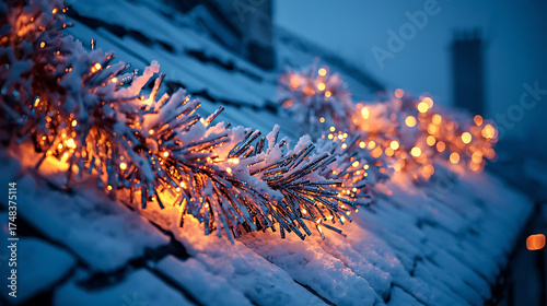 Blue and silver christmas garland covered in snow lights