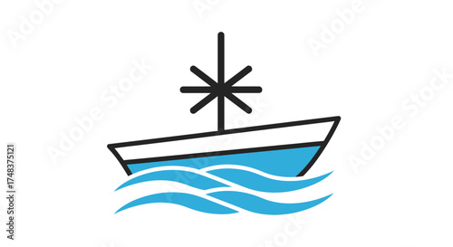Minimalist illustration of a boat sailing on wavy water, featuring a star-like mast, rendered in white, blue, and black against a plain background.