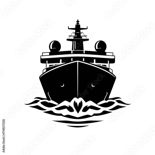 A black and white vector illustration of a ship sailing on stylized waves, seen from a frontal perspective.