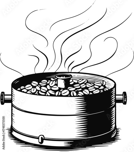 minimal black line art of coffee beans roasting in a drum roaster, heat waves and aroma lines illustrated smoothly, clean vector outline, white background
