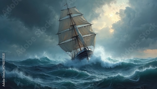 A tall ship sails through rough seas with huge waves crashing. Dark clouds gather in the sky as the sun attempts to break through. This dramatic scene shows a vessel battling a powerful storm at sea.