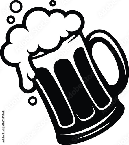 Black silhouette of a full beer mug with foam on transparent background
