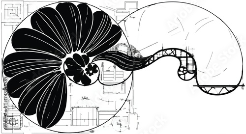 Abstract architectural blueprint with organic spiral and geometric patterns, symbolizing design and growth.