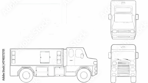 Technical drawing of a utility truck with side front and top views in a blueprint style illustration