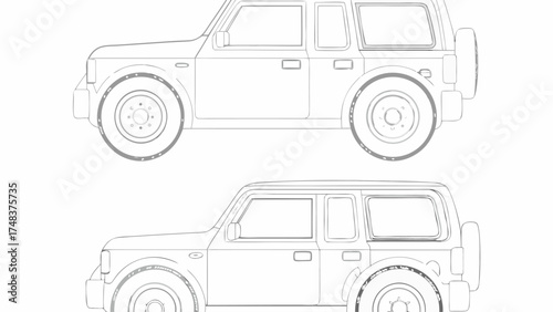 Two line art illustrations of a boxy suv with a spare tire mounted on the back and large tires