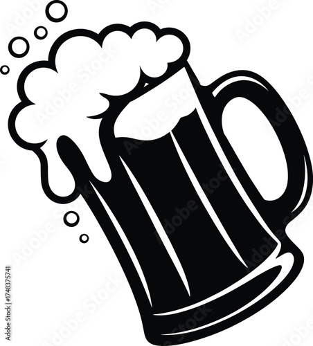 Black beer mug with overflowing foam a stylish silhouette on transparent background