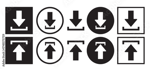 Simple black and white icon set showing upload and download symbols in various styles. Minimal, modern, and flat design suitable for apps, websites, and digital interfaces.