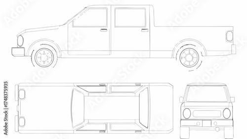 Three view orthographic projection of a four door pickup truck with outlines on a white background image