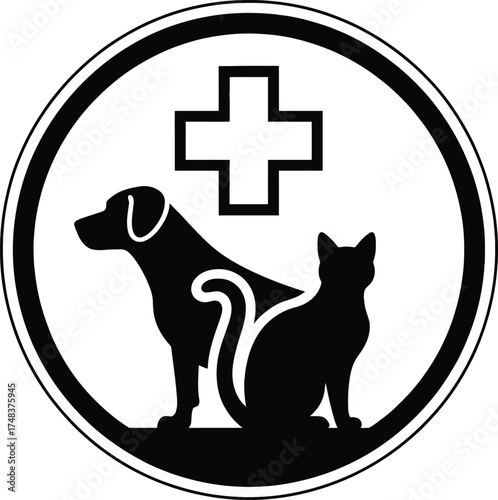 Veterinary symbol featuring a dog cat and cross on transparent background silhouette