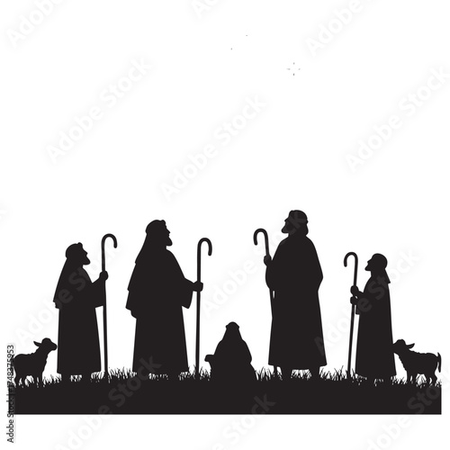 Shepherds and Sheep at the Nativity Scene Silhouette Vector