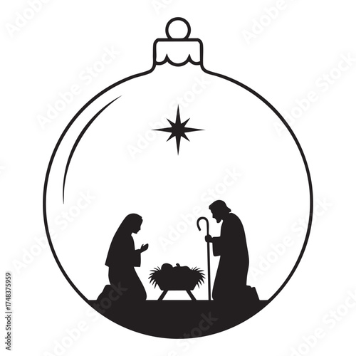 Nativity Scene in Christmas Ornament Silhouette Vector Icon