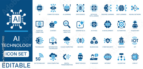 AI technology vector icon set. featuring artificial intelligence, machine learning, information technology, robotics, cloud computing, and cybersecurity. Perfect for UI, apps, and digital projects.