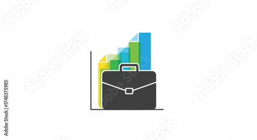 Graphic illustration of a black briefcase with a bar graph rising behind it in shades of yellow, green, blue on a white background.