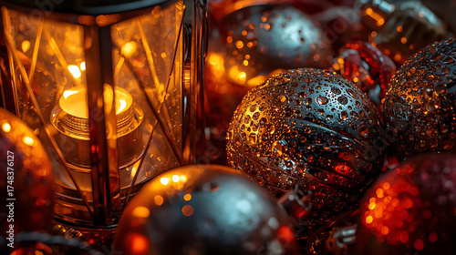 Shiny christmas baubles in warm gold and bronze tones