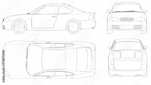 Blueprint style illustration of a car with side front top and rear views showcasing design details exactly