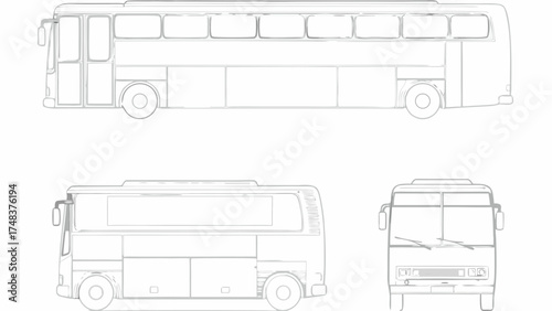 Illustration showing a bus in three different views: side view, front view, and a three quarter view