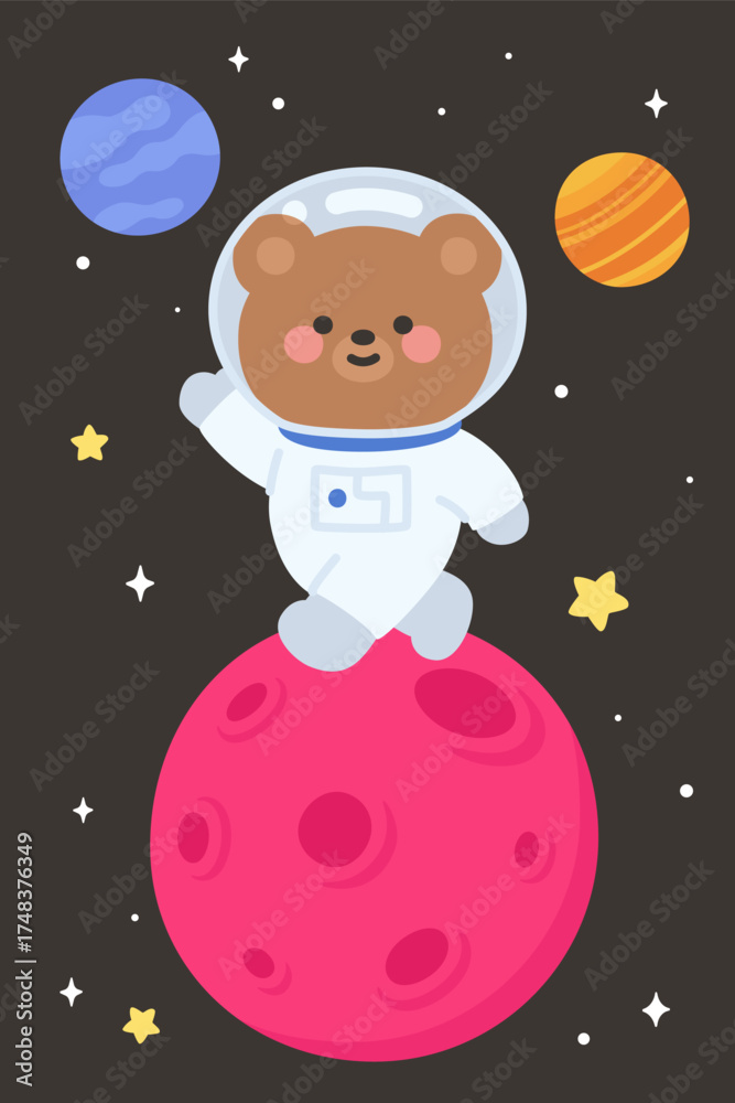 Fototapeta premium Cute astronaut bear walking and waving on pink planet