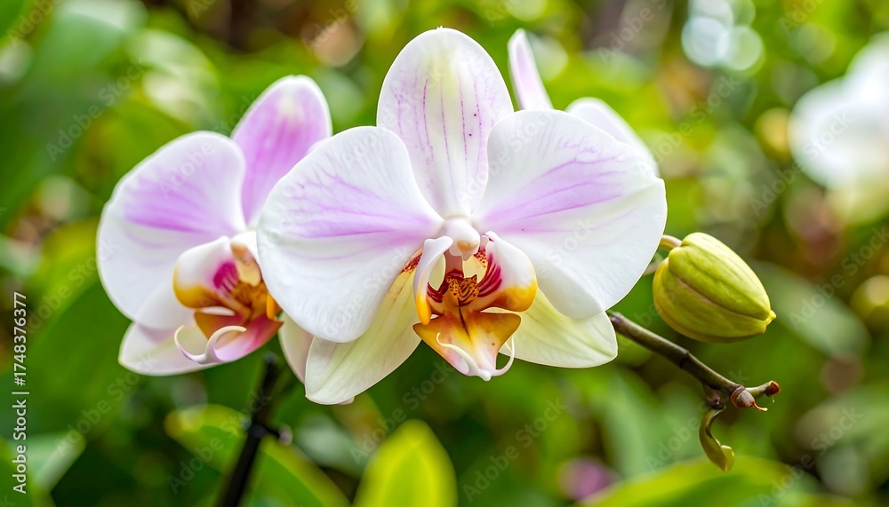 Obraz premium Close-up of two delicate, pale pink and white orchids, with a hint of orange. Blurs of green foliage in the background
