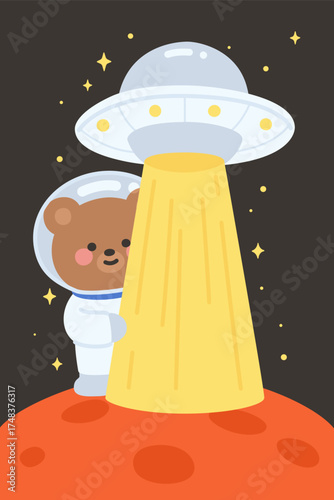 Astronaut Bear with UFO Light Beam on Red Planet Surface
