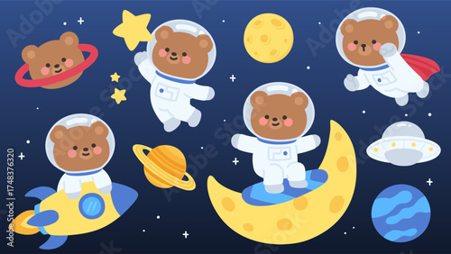 Adorable Astronaut Bear and Rocket Scene on Starry Night Background
