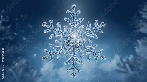 Crystal snowflake shining in cool blue winter background