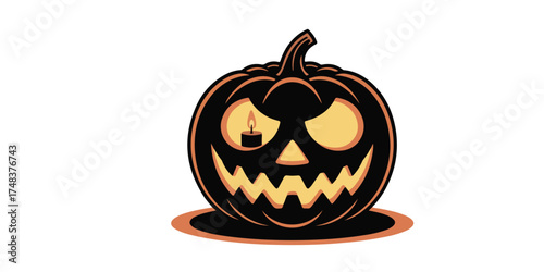 A carved Halloween pumpkin with a menacing face, glowing yellow eyes, and sharp teeth, casting an eerie orange glow.