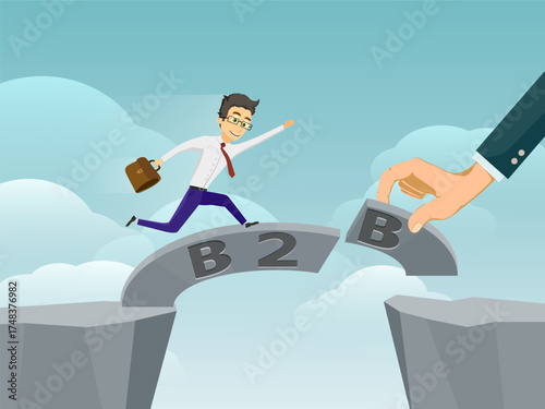 Businessman running across a bridge. B2B concept. Vector illustration.