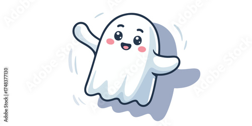 Cute waving ghost character with big eyes and pink cheeks