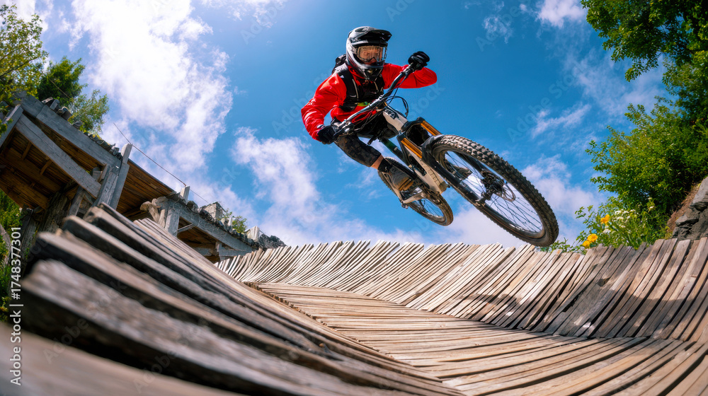 Fototapeta premium A man is riding a bike on a wooden ramp