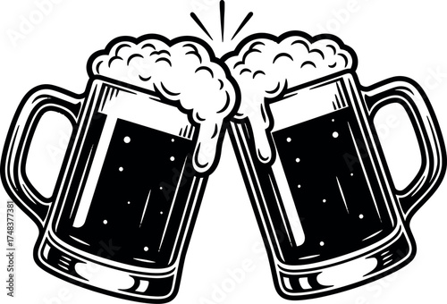 Black And White Illustration Of Two Beer Mugs Toasting