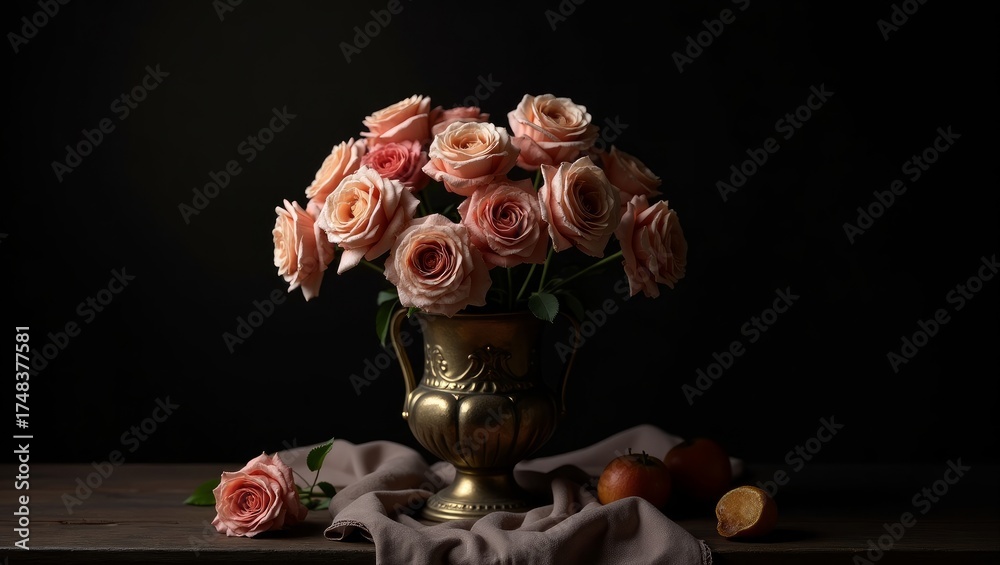 Fototapeta premium Elegant Pink Roses in Vintage Vase – Classic Floral Still Life on Dark Background