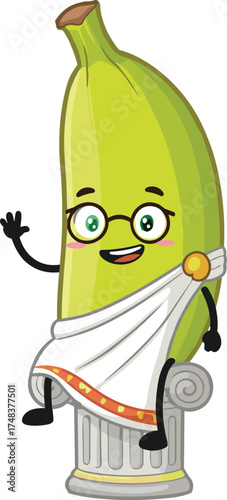 Cartoon banana character, wearing Roman toga with red trim, sitting on classical column, waving hand, playful illustration, whimsical humorous artwork