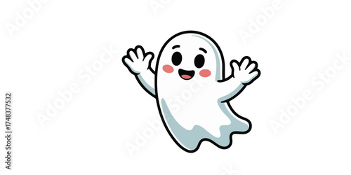 A cheerful, white cartoon ghost with big eyes and rosy cheeks waves its arms enthusiastically against a white background.