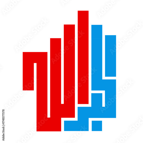 Arabic calligraphy that says Allahu Akbar, meaning Allah is great, designed in square kufi artwork style. Colorful kufic Arabic calligraphy of Takbir phrase.