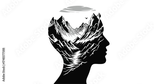 Silhouette of a person's head filled with a majestic mountain landscape, symbolizing imagination and inner world.