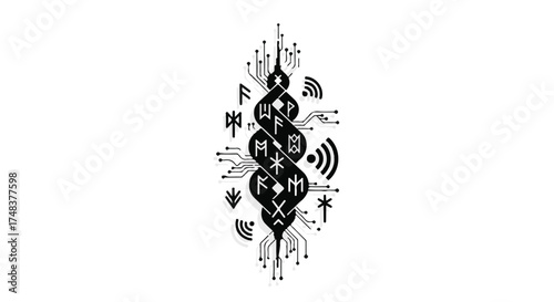 Ancient symbols intertwine with modern technology in a striking digital art fusion.