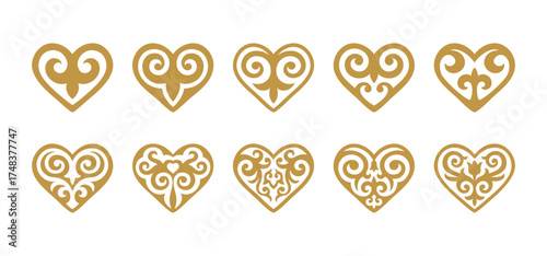 Heart shape decor. Vector Set of different gold ornaments in Kazakh style isolated on a white background. Elements of the national pattern of the ancient nomads