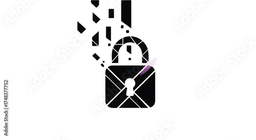 Digital lock dissolving into abstract pixels, symbolizing data security breach or encryption.