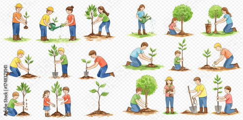 A collection of watercolor illustrations depicting various people, including adults and children, actively engaged in planting and nurturing young trees and saplings in the soil.