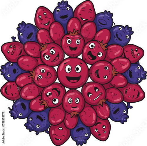 Cartoon berry circle, cute fruit illustration, smiling red berries, happy purple berries, playful fruit artwork, anthropomorphic berry design, healthy eating concept