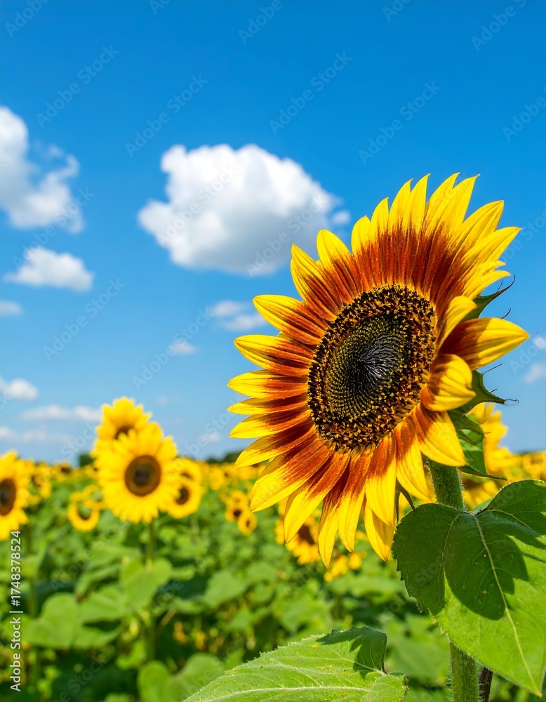 Fototapeta premium Sunflower field under a partly cloudy blue sky