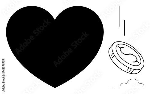 Large heart with falling coin representing love, money, and value. Ideal for finance, love, charity, relationships, emotional balance monetary decisions and economic trade-offs. Simple flat