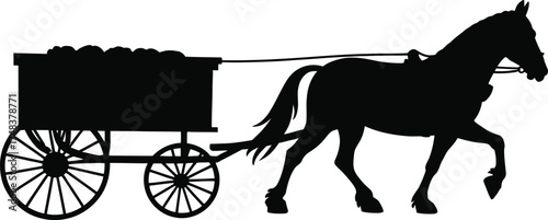 Black horse pulling a carriage vintage western art on transparent background silhouette