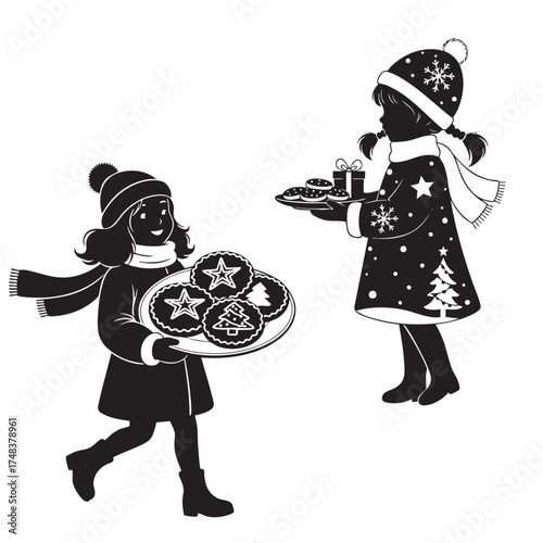 Two Girls in Winter Clothes Carrying Christmas Cookies and Mince Pies Silhouette Vector
