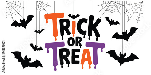 Halloween trick or treat message with bats and cobwebs