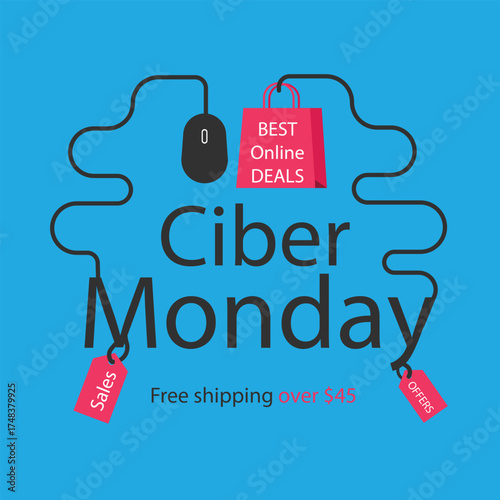 Cyber Monday banner. White inscriptions, mouse and shopping bag on the blue screen